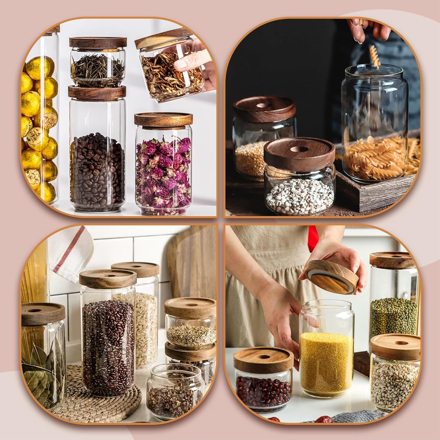 720ML/24Oz Clear Glass Storage Canister with Airtight Wood Lid, Modern Decorative Container for Coffee, Spice, Candy
