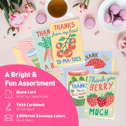Sweetzer & Orange S&O Funny Thank You Cards – 24 Punny Blank Cards with Envelopes – 6 Cute Card Design – 4x5.5 Appreciation Note Cards – Glossy Outside, Matte Inside – Pink, Green & Yellow Envelopes