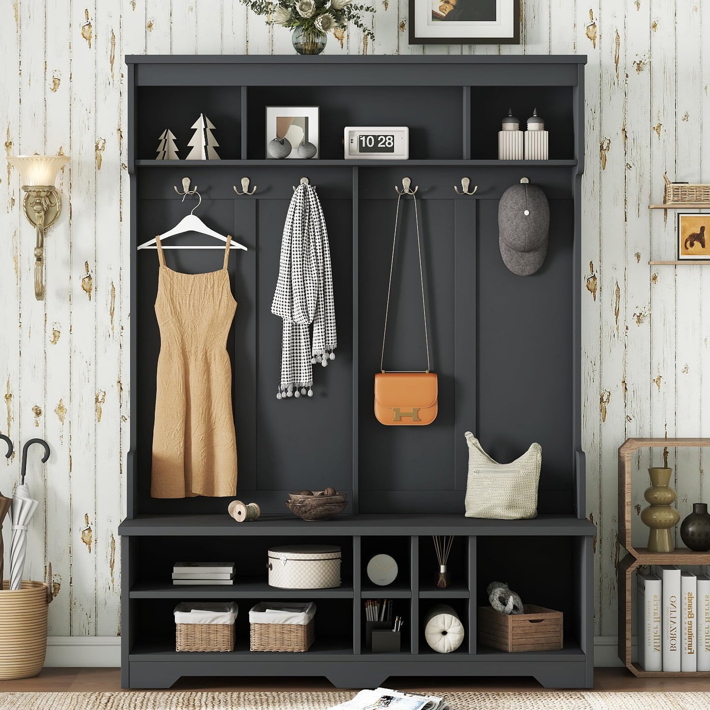 Ball & Cast 59.1" Hall Tree with Bench and Shoe Storage,3-in-1 Entryway Cabinet with Metal Hooks,Modern Coat Rack with Shoe Cubbies for Mudroom,Living Room,Hallway,Black
