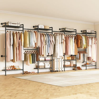 ONBRILL L7 Wall Mounted Industrial Pipe Clothing Rack – Heavy Duty Modular Closet System with 9 Hanging Rods (6 Expandable) & 10 Adjustable Shelves, Corner Garment Rack, Large Wardrobe - Black