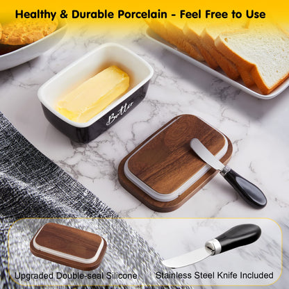ALELION Black Butter Dish with Lid and Knife for Countertop - Airtight Ceramic Butter Keeper Container with Thick Acacia Wood Lid for Counter or Fridge - for Farmhouse Kitchen Decor and Accessories