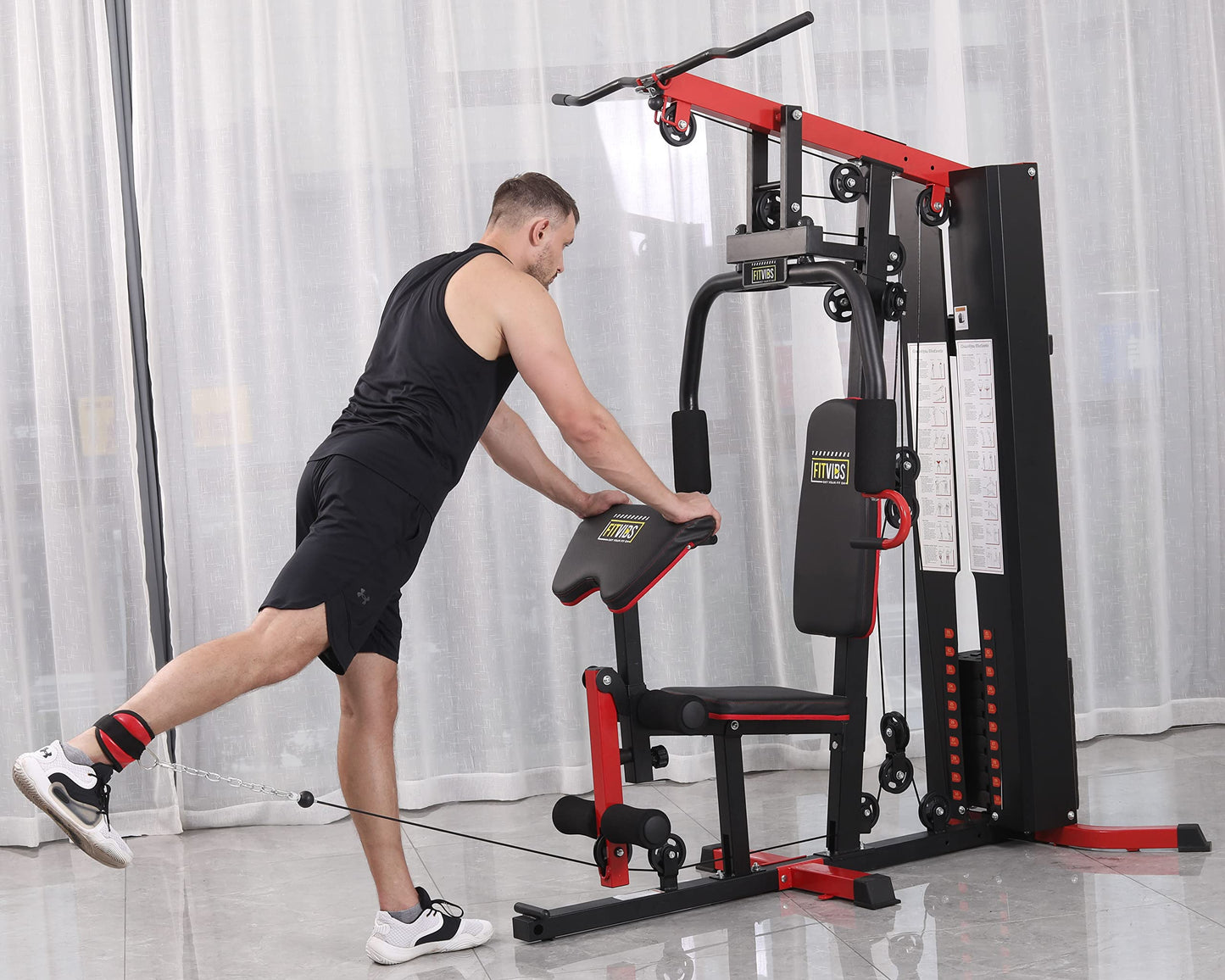 Fitvids Multifunctional Home Gym System Workout Station with Leg Extension and Preacher Curl, 122.5LB Weight Stack, M750, Multiple Pacakges