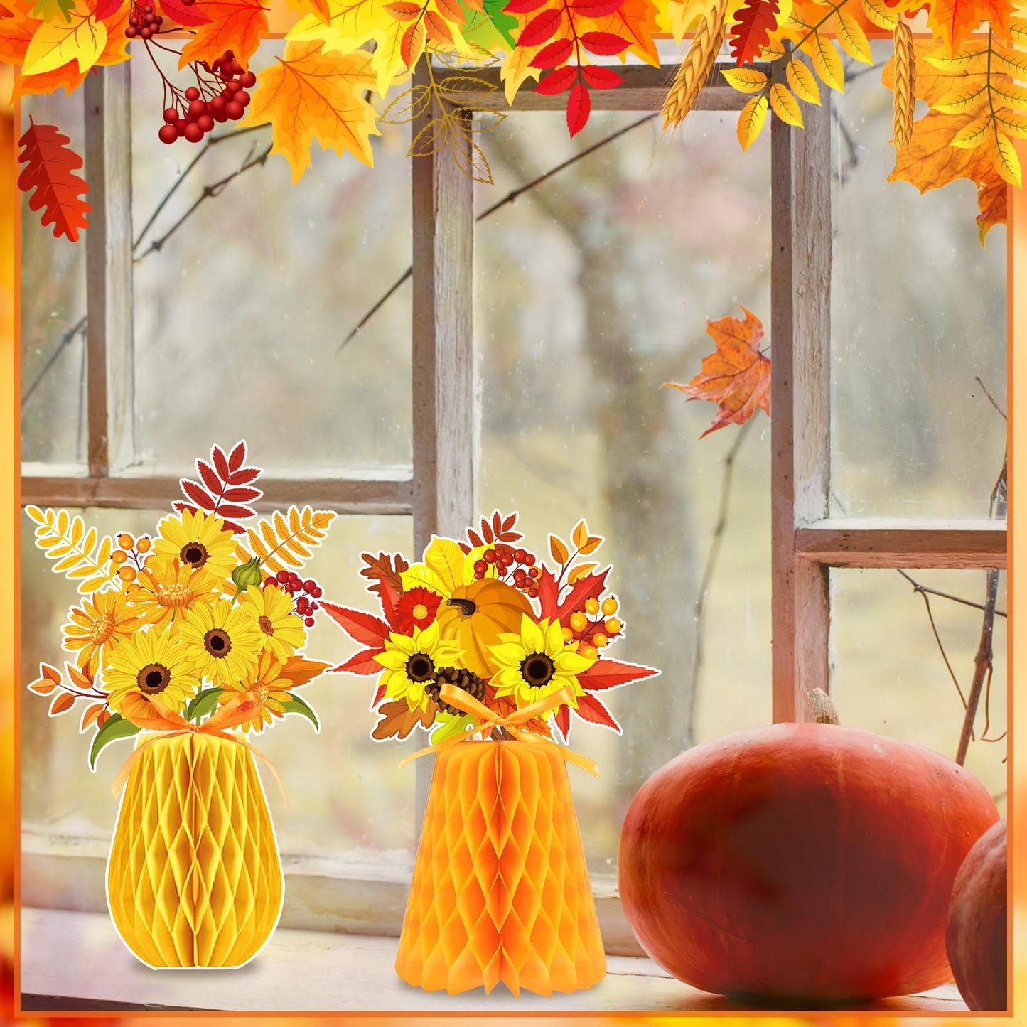 Kathfly 9 Pcs Fall Honeycomb Centerpieces Autumn Thanksgiving Pumpkin Maple Berry Sunflowers Paper Vase Table Centerpiece 3D Fall Party Decoration for Thanksgiving Party Favors Home Table Decor