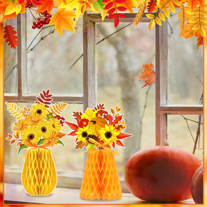 Kathfly 9 Pcs Fall Honeycomb Centerpieces Autumn Thanksgiving Pumpkin Maple Berry Sunflowers Paper Vase Table Centerpiece 3D Fall Party Decoration for Thanksgiving Party Favors Home Table Decor