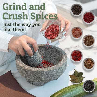 PriorityChef Granite Mortar and Pestle Set - 6.1 Inch Natural Stone Molcajete Mexicano for Spices, Seasonings, Pastes - Pestle and Mortar Bowl for Fresh Guacamole, Salsa, Pesto, Small, Grey