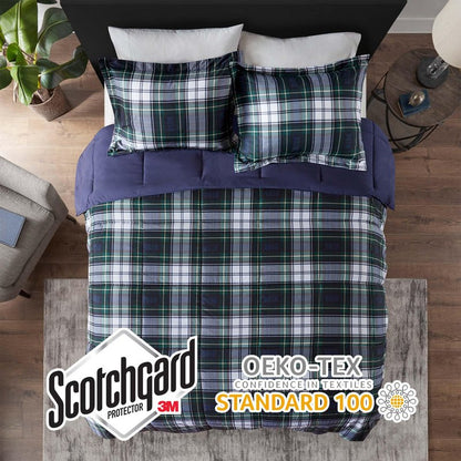 Madison Park Essentials Parkston Plaid Comforter, Matching Sham, 3M Scotchguard Stain Release Cover, Hypoallergenic All Season Bedding-Set, Full/Queen, Navy, 3 Piece