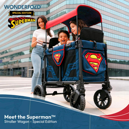 WONDERFOLD W2 Luxe Pro Special Edition Superman Stroller Wagon (2 Seater) - Collapsible Wagon Stroller with Seats with 5-Point Harnesses, Easy Access Zipper Door, and Removable Sun Canopy