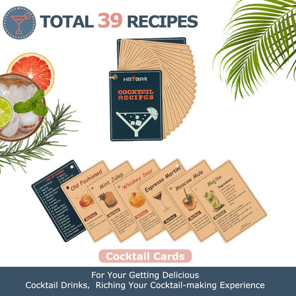 HMYBAR® 22-pc Cocktail Shaker Set(24oz/700ml) | Mixology Bartender Kit | Bar Tool Set | Martini Making Set with 39-Recipe Cocktail Cards & Kit's Deco, Bamboo Stand Black Color, Silver Tools