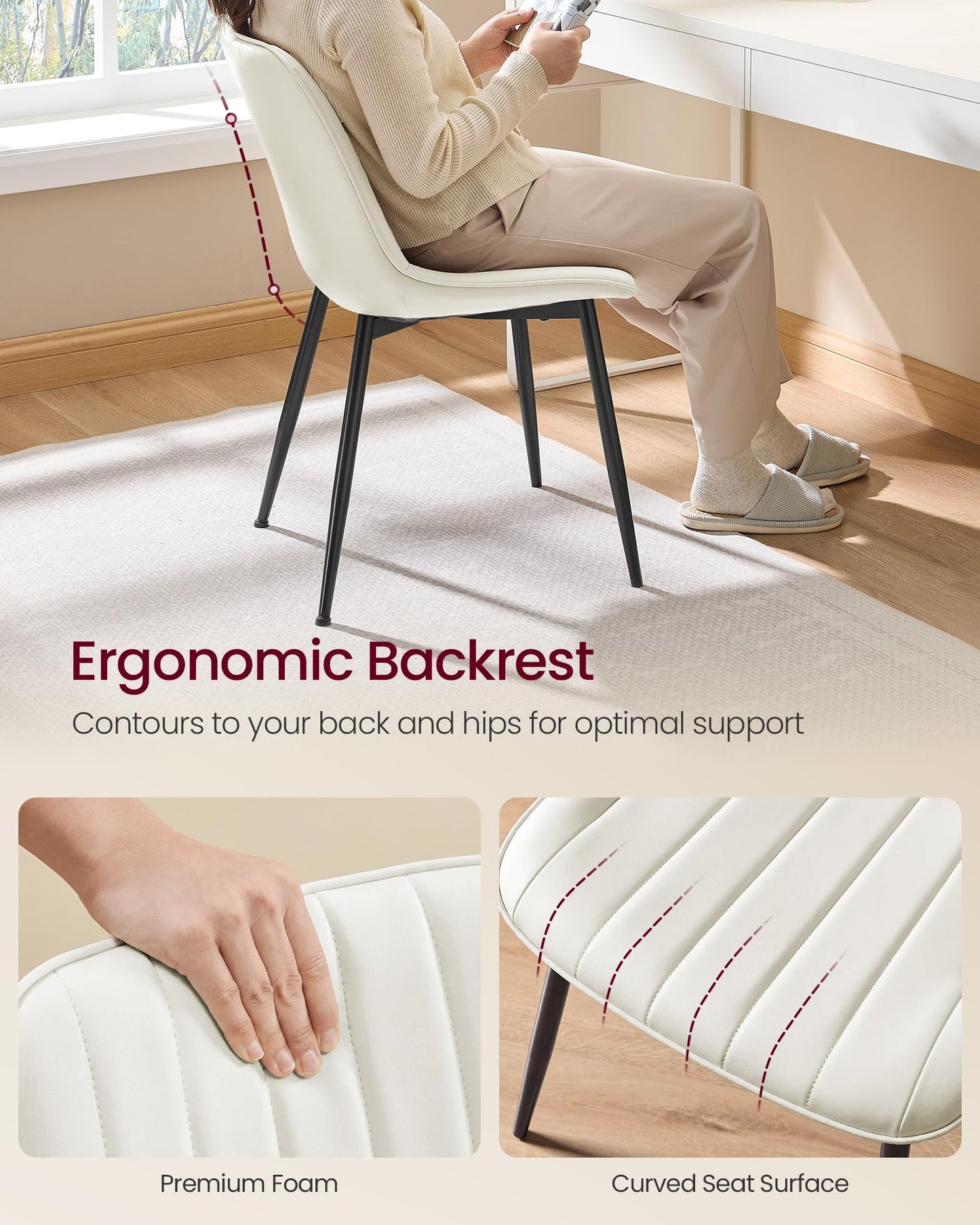VASAGLE Dining Chairs Set of 6, Upholstered Kitchen Chairs, Synthetic Leather, Max. Load 264 lb, Steel Legs, Curved Backrest, for Dining Room, Cloud White and Ink Black ULDC090WH02-3J