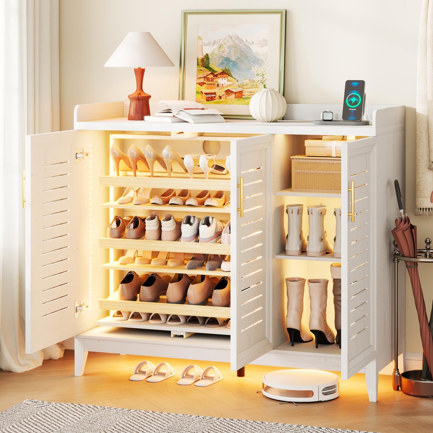 Vlsrka 6 Tier Shoe Storage Cabinet with Shutter Doors and Adjustable Shelves, Rotating Shoe Organizer Cabinet with Human Sensor Lighting, Wooden Shoe Cabinet for Entryway, Hallway, Living Room, White