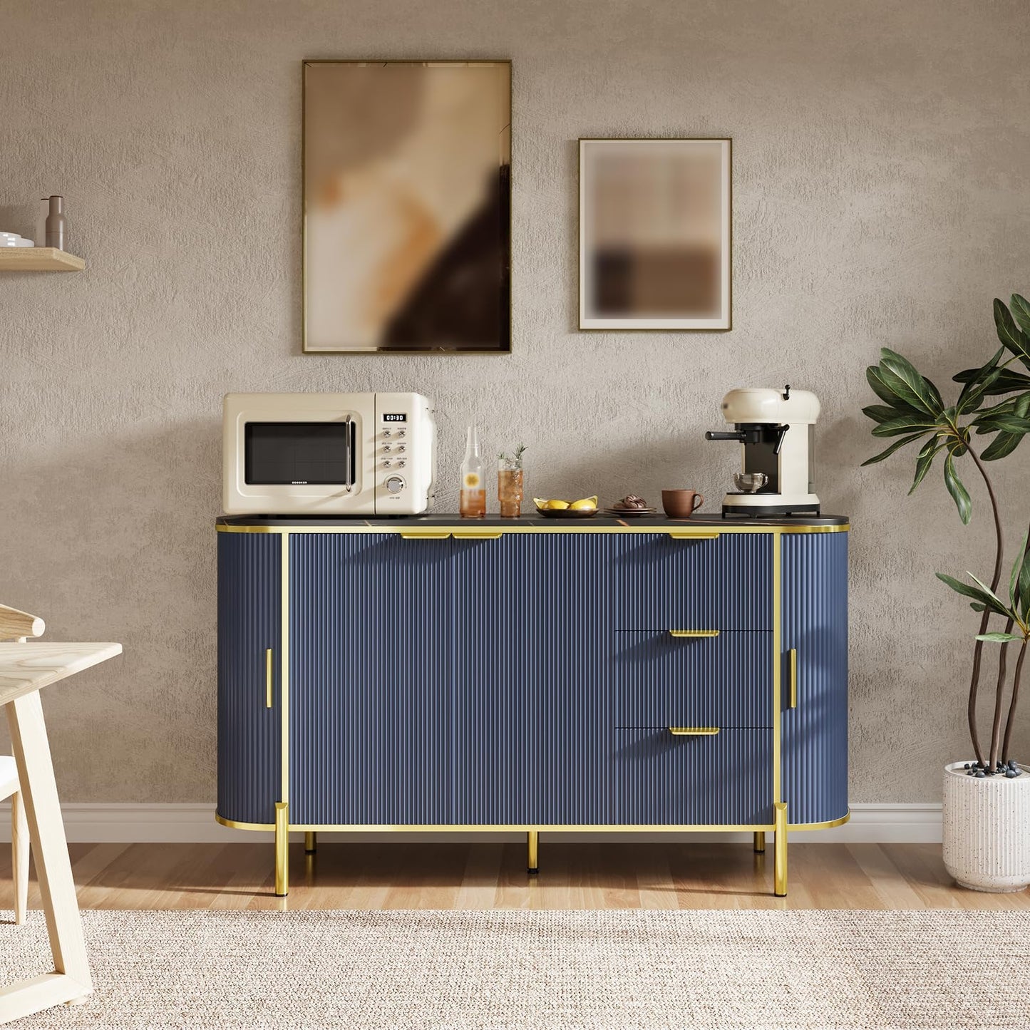 BouPower 59" Buffet Cabinet with Faux Marble Top, Sideboard with 3 Drawers - Entryway Coffee Bar & Media Console Table, Wooden Storage Cupboard for Living Room, Dining Room