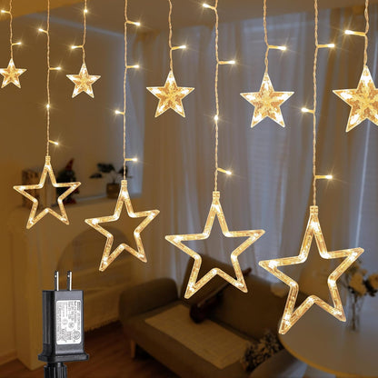 126L 8.2FT 8 Warm White Star Icicle Lights, Clear Curtain Fairy String with Connectable, Timer Modes Memory, Waterproof