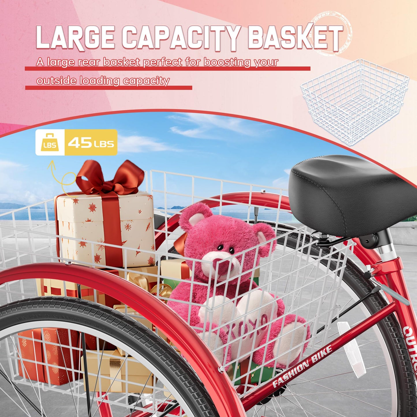MarKnig 1 Speed Adult Tricycle, 24 Inch 3 Wheel Bikes with Large Basket, Cruiser Bike for Women/Men/Seniors, Adult Trike for Outdoor/Shopping/Recreation/Picnic (Red)