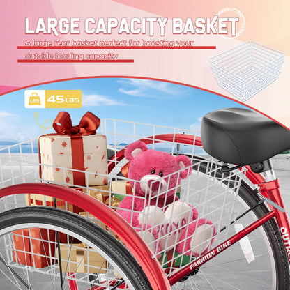 MarKnig 1 Speed Adult Tricycle, 24 Inch 3 Wheel Bikes with Large Basket, Cruiser Bike for Women/Men/Seniors, Adult Trike for Outdoor/Shopping/Recreation/Picnic (Red)