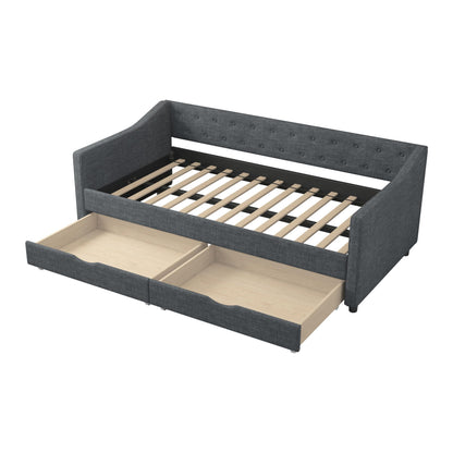Ball & Cast Twin Size Daybed with Storage Drawers,Linen Upholstered Day Bed Frame with Button Tufted Back and Waved Shape Arms for Bedroom,Guest Room,No Box Spring Needed,Dark Grey