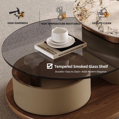 KEIKI 32" Faux Marble Tabletop Round Wood Storage Coffee Table with Rotating Wheels, 2 in 1 Design Modern Coffee Table, No Assembly Required, for Apartment, Living Room, Bedroom, Reception Room, White