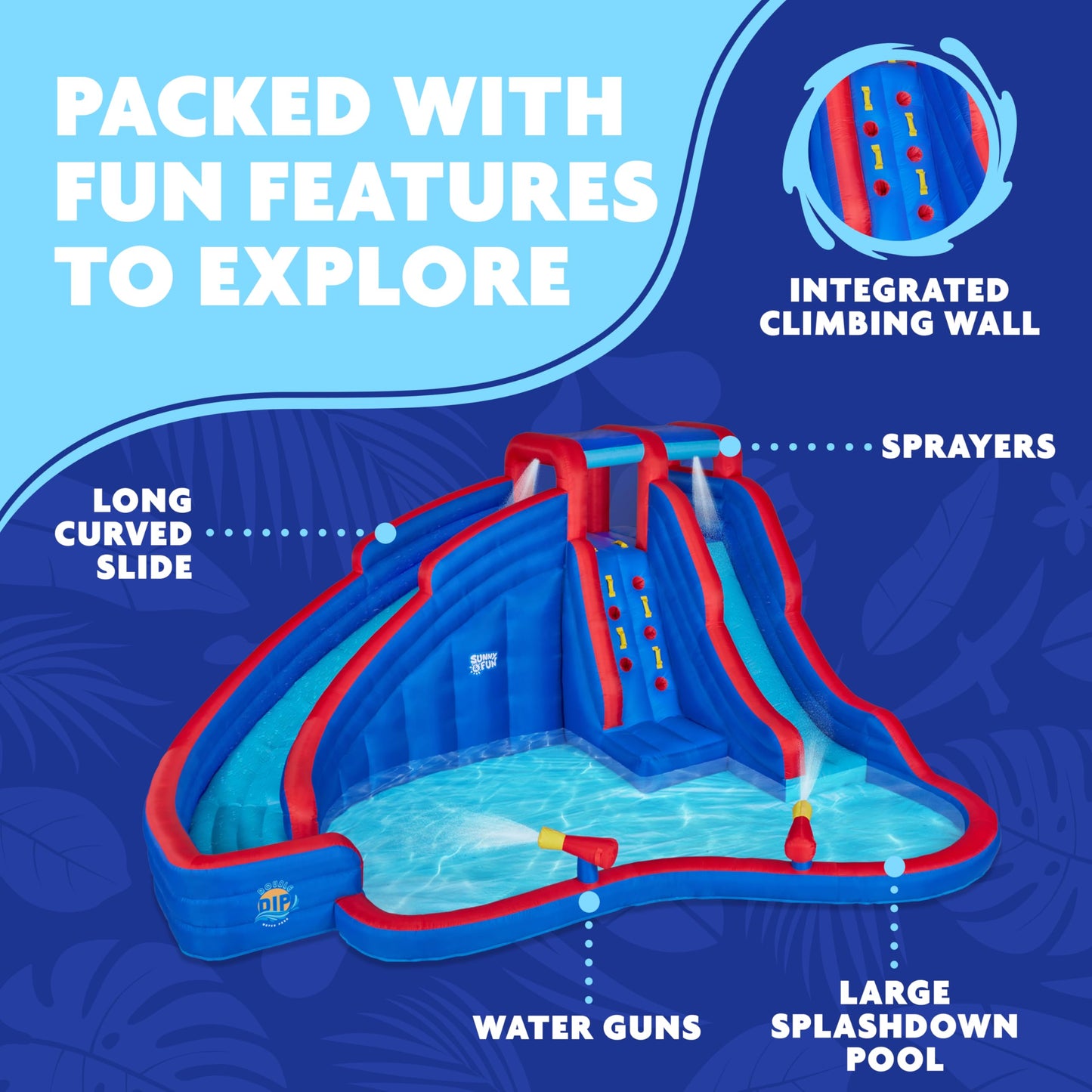 Sunny & Fun Double Dip Inflatable Water Slide Park – Heavy-Duty for Outdoor Fun - Climbing Wall, 2 Slides & Splash Pool – Easy to Set Up & Inflate with Included Air Pump & Carrying Case