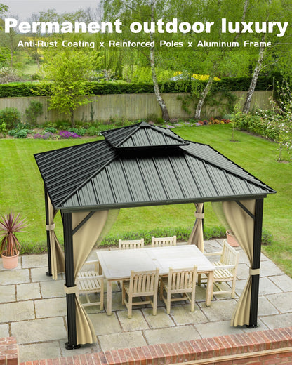 GarveeLife 10 ft x10 ft Hardtop Gazebo for All Weather, with Double Metal Roof, Aluminum Alloy Frame, Net, and Curtain, Permanent Building for Patio, Deck, Backyard, Lawn, and Garden
