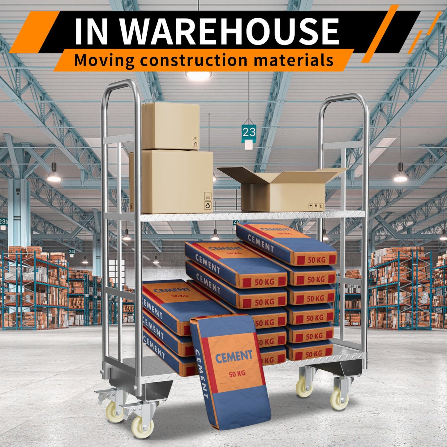 Two Tier U-Boat Platform Truck Cart, 16 x 48Inch Narrow Aisle Flatbed Truck w/6PCS Wheel Caster 2500LBS Weight Capacity Heavy Duty Platform Dolly with Removable Handles for Warehouse, Storage Room