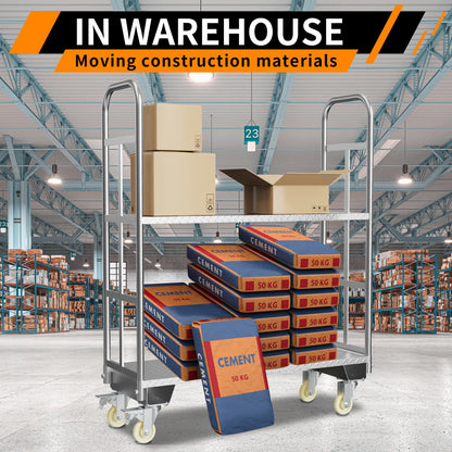 Two Tier U-Boat Platform Truck Cart, 16 x 48Inch Narrow Aisle Flatbed Truck w/6PCS Wheel Caster 2500LBS Weight Capacity Heavy Duty Platform Dolly with Removable Handles for Warehouse, Storage Room