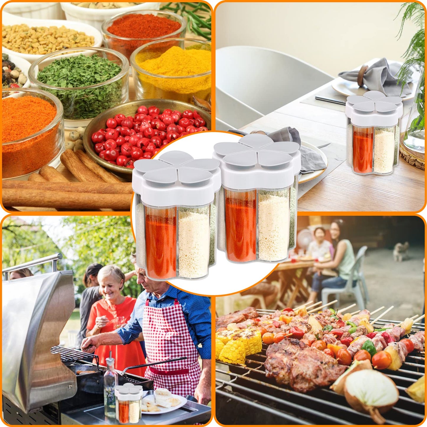 inheming 2 PCS Travel Spice Jars, 5-in-1 Seasoning Containers, Clear Plastic Condiment Bottle for Camping, Hiking, BBQ, Picnic