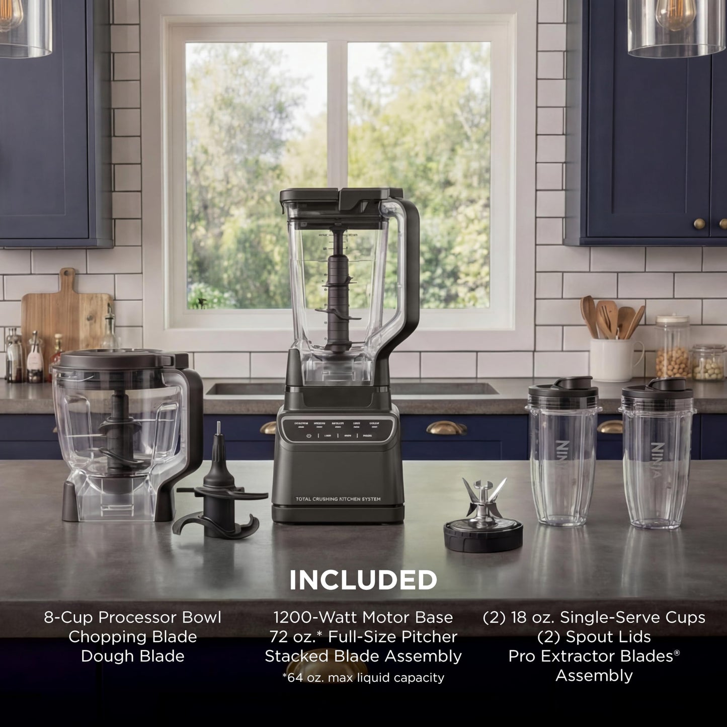 Ninja Kitchen System | All-in-One for Smoothies, Frozen Drinks, Veggie Chopper & More | With Full-Size Pitcher, 8 Cup Food Processor Bowl, (2) 18 oz. Cups, | 1200 Watt | Dark Grey | BR601AMZ