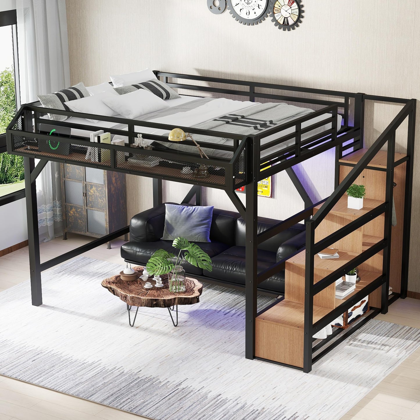 Queen Loft Bed with Stairs and Wardrobe, Queen Size Loft Bed with Charging Station, Lights and Bedside Shelf, Heavy Duty Loft Bed Frame for Adults, Teens, Kids, Noise Free, Natural Wood