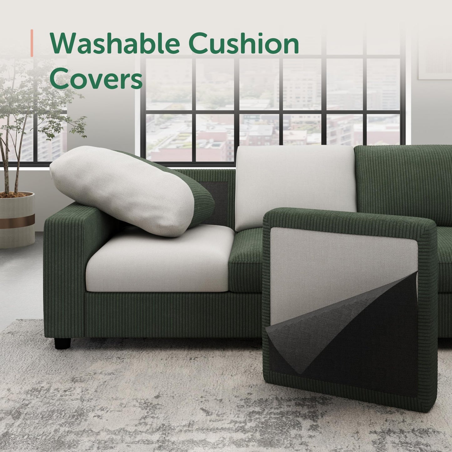 HONBAY Corduroy Sectional Sofa, 80 Inch 6 Seats L Shaped Couch with Ottoman for Living Room, Green