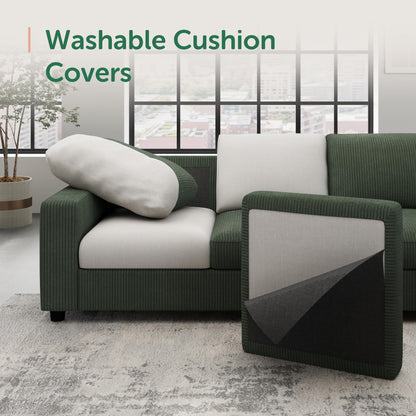 HONBAY Corduroy Sectional Sofa, 80 Inch 6 Seats L Shaped Couch with Ottoman for Living Room, Green
