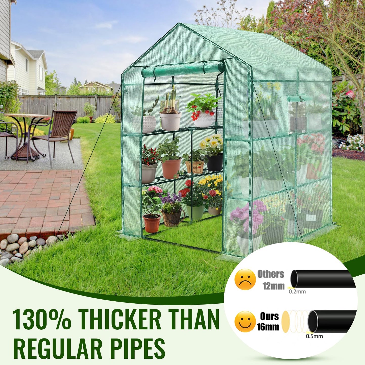 Greengro Greenhouse, 57 x 57 x 76'' Greenhouses for Outdoors, Durable Green House Kit with Window, Thicken PE Cover, 3 Tiers 8 Shelves, Heavy Duty Walk in Green Houses for Indoor Backyard Outside