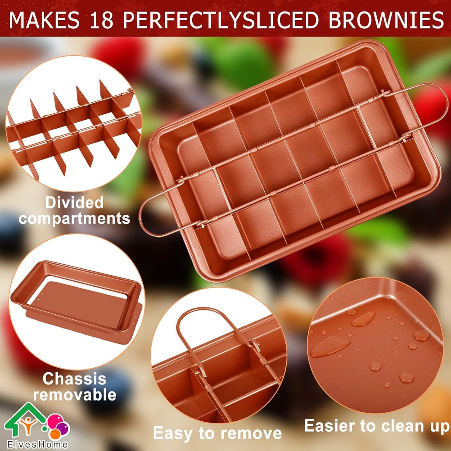 Brownies Pan with Dividers, Nonstick Baking Pan with Slicer Cutter & Spatula, Rectangular Cake Pans for Baking