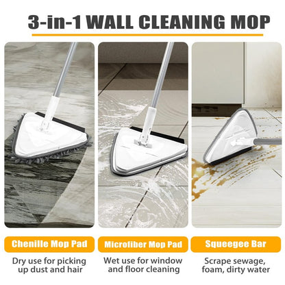 JEHONN Wall Mop with Long Handle 80 inches, Upgraded 180° Collapsible Baseboard Cleaner Tool with Squeegee, Ceiling Duster with 1 Microfiber and 1 Chenille Pad for Cleaning Window, Cabinet (White)