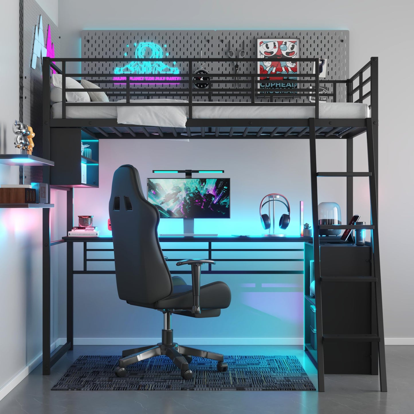 Metal Twin Size Loft Bed with Desk and LED Light,Heavy Duty Loft Bed Frame with Storage Shelves and Inclined Ladder for Kids,Adults,Twin Size,Black