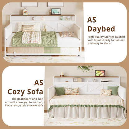IRONCK Daybed with Trundle, Sturdy Metal Twin Bed Frame with X-Shaped Frame, Upholstered Farmhouse Daybed with Charging Station for Living Room, Bedroom, and Guest Room, White/Walnut