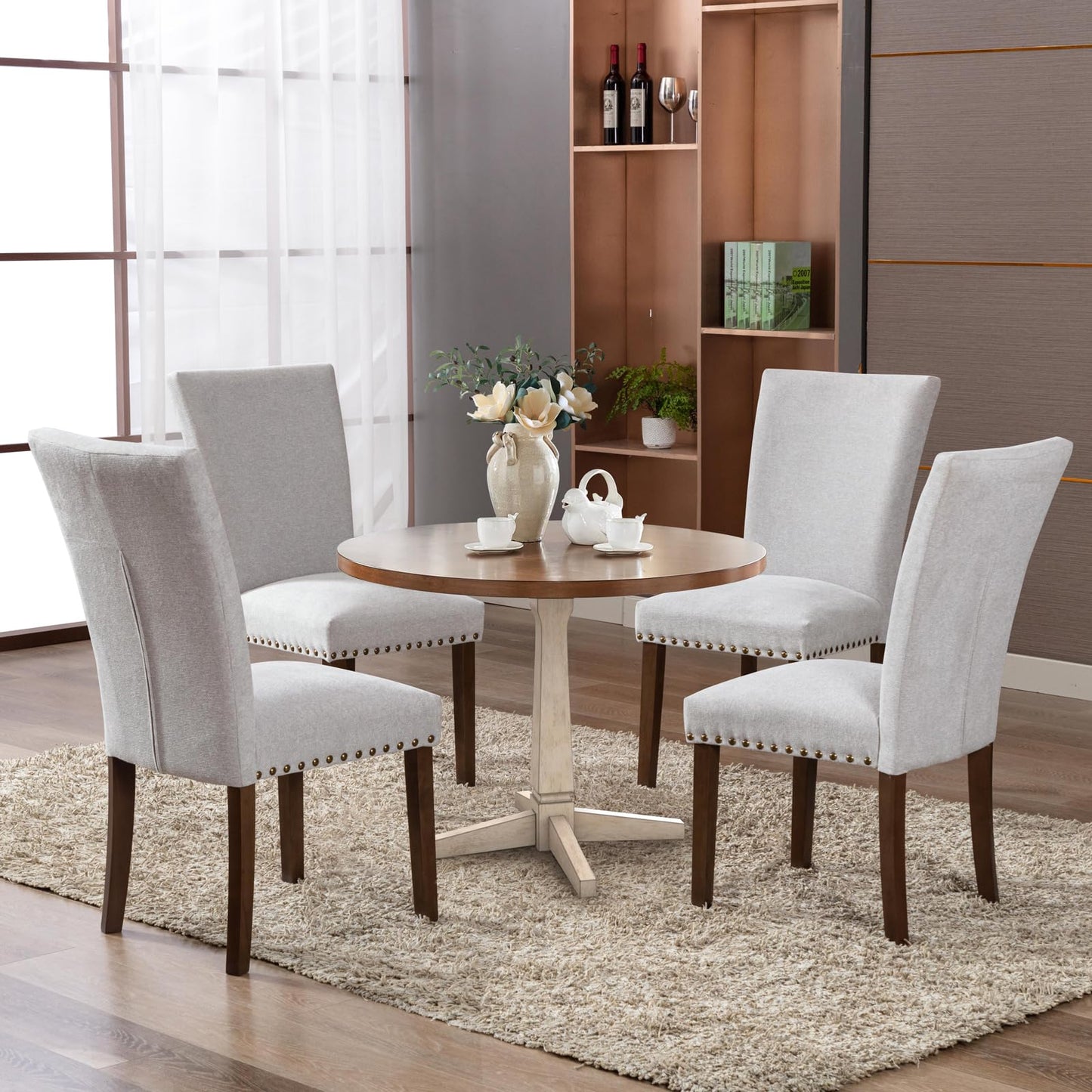 COLAMY Upholstered Parsons Dining Chairs Set of 6, Fabric Dining Room Kitchen Side Chair with Nailhead Trim and Wood Legs - Light Grey
