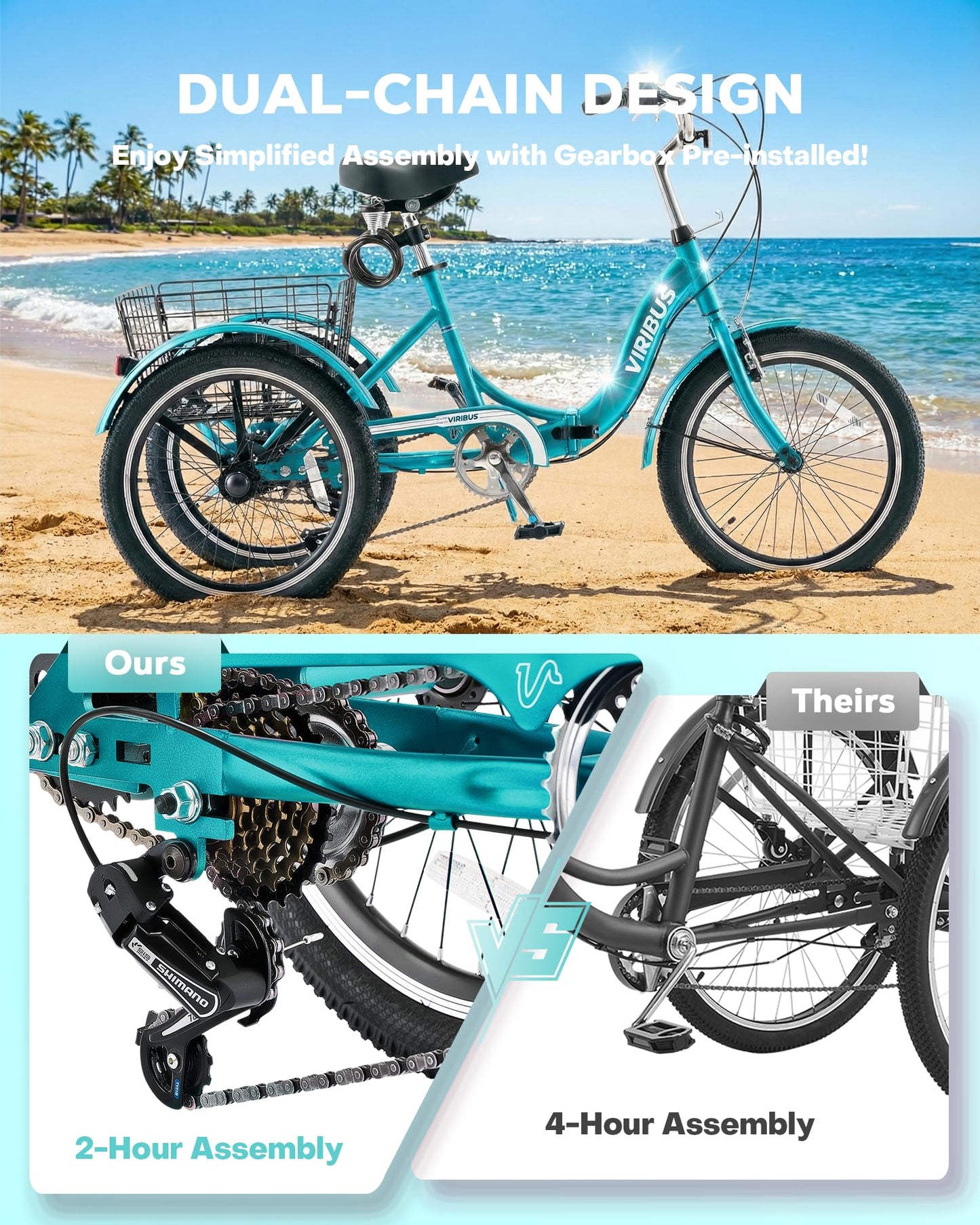 VIRIBUS Folding Tricycle for Adults, 20 inch 7 Speed Foldable Adult Tricycle for Women Men Seniors with Dual Chain, Folding 3 Wheel Bike with Lock, Collapsible Three Wheel Bicycle 330 lb. Teal