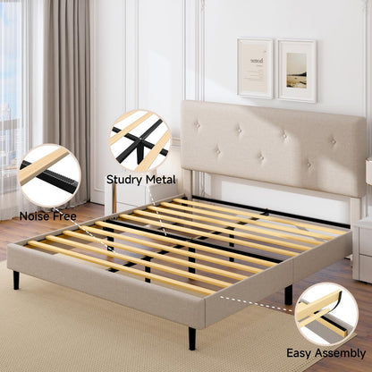 Mxhtcewz King Size Linen Bed Frame, Upholstered Platform Bed Frame with Adjustable Headboard, Wooden Slats Support, Easy Assembly, No Box Spring Needed, Beige