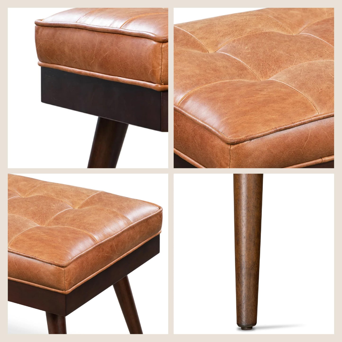 Poly & BARK 55" Tufted Leather Bed Bench for Bedroom End of Bed - Living Room Entry Way Bench - Pure Italian Leather Upholstery with a Solid Wood Frame - Ottoman Bench with Wooden Legs - Cognac Tan