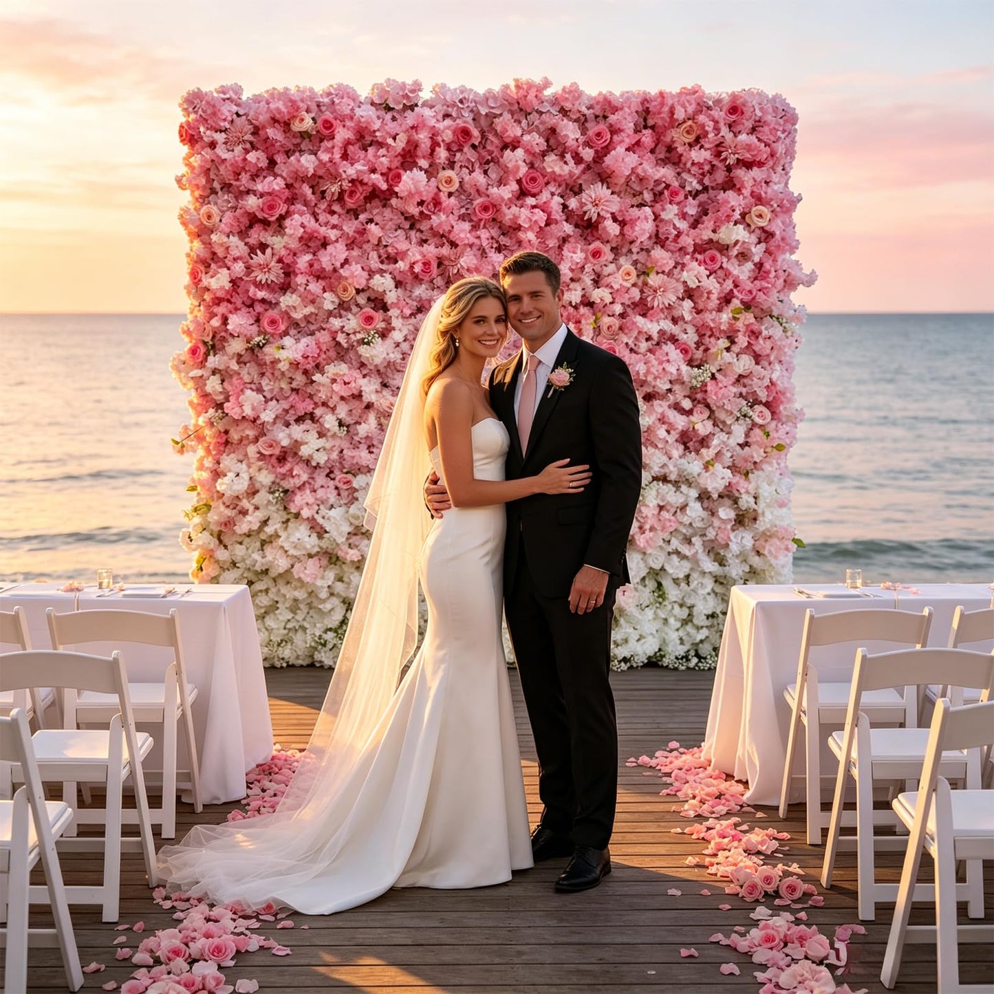 5D Realistic Rose Flower Wall Backdrop, 8×8FT Reusable Flower Wall Panel, Easy to Install & Store, Ideal for Wedding, Birthday Party & Home Decoration, Pink-to-White Gradient, Without Stand