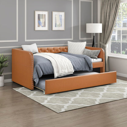 Lexicon Faux Leather Daybed with Trundle, Solid Wood Frame, Nailhead Trim, Wood Slat Support, Button Tufted Trundle Day Bed Sofa Bed for Bedroom/Guest Room, No Box Spring Needed, Twin, Matte Brown