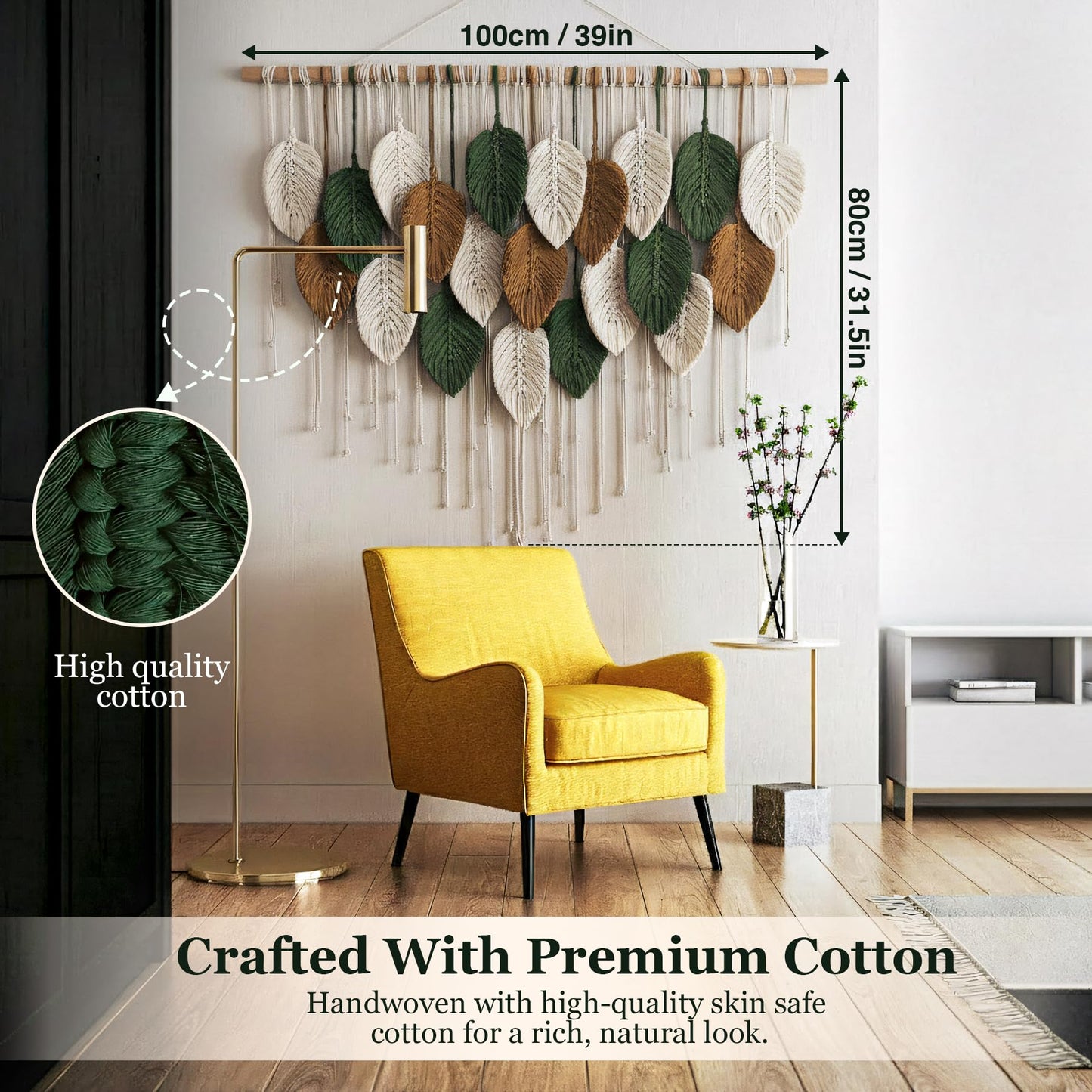 KORSIV Large Macrame Wall Hanging Boho Woven Tapestry, Modern Bohemian Handmade Leaf Feather Wall Art Decorations for Apartment Dorm Living Room Bedroom Nursery Backdrop, Chic Home Decor