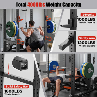 Sportsroyals Power Cage, Multi-Functional Squat Rack, Power Rack with Pulley System & LAT Pull Down, Workout Cage with J Hooks for Home Gym