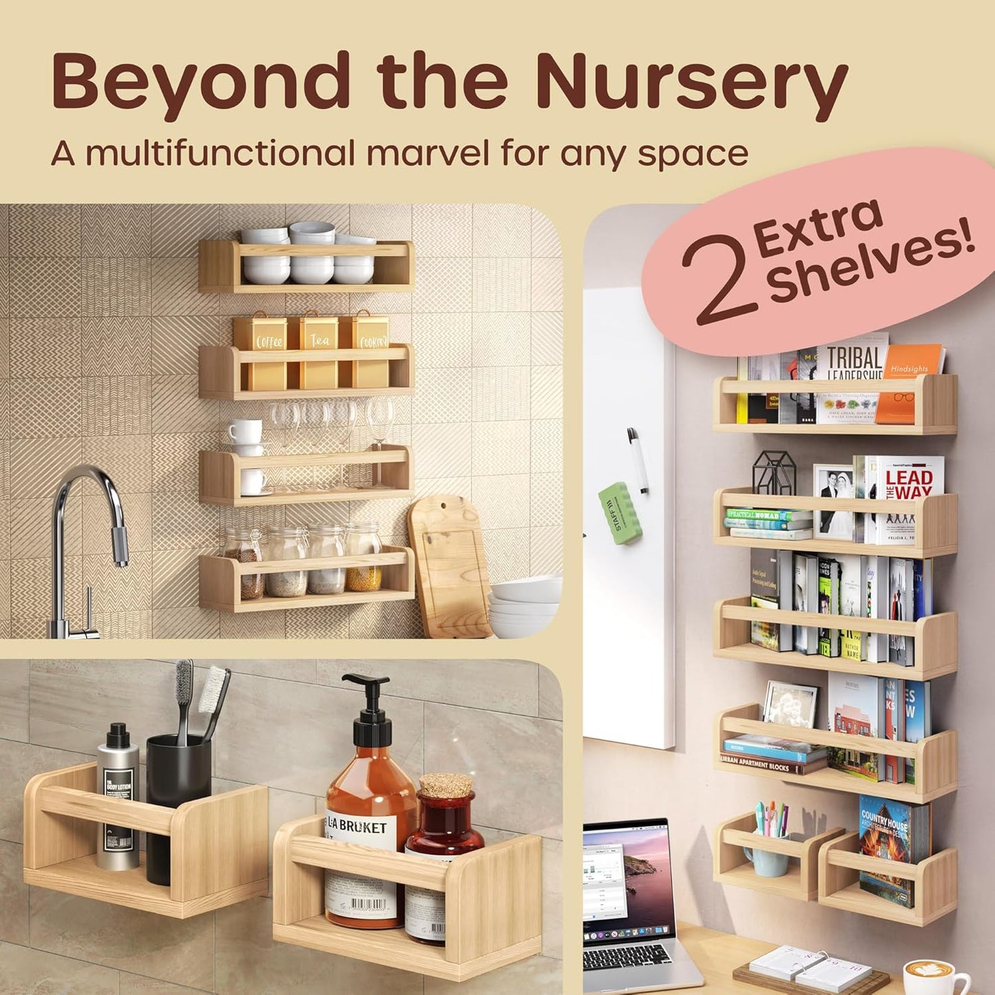 4 2 HOMEY PANDA DIY Wall-Mounted Nursery Bookshelves - Long + Mini Shelves, Kids Room Storage (DIY Paint Pine Wood)