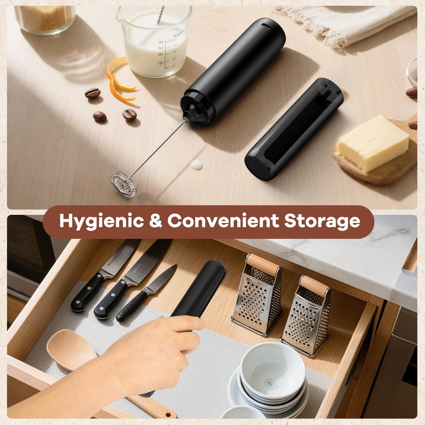 Rechargeable Milk Frother, Handheld Coffee Frother Wand Drink Mixer with Cover, Electric Whisk Coffee Mixer for Matcha Lattes Cappuccino Hot Chocolate