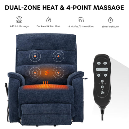 DYNOX Oversized 400 lbs Power Lift Recliner Chair for Big and Tall Elderly, Dual Motor Lay Flat Lift Chair with Heat & Massage, Extended Footrest, 9298L, Chenille Blue