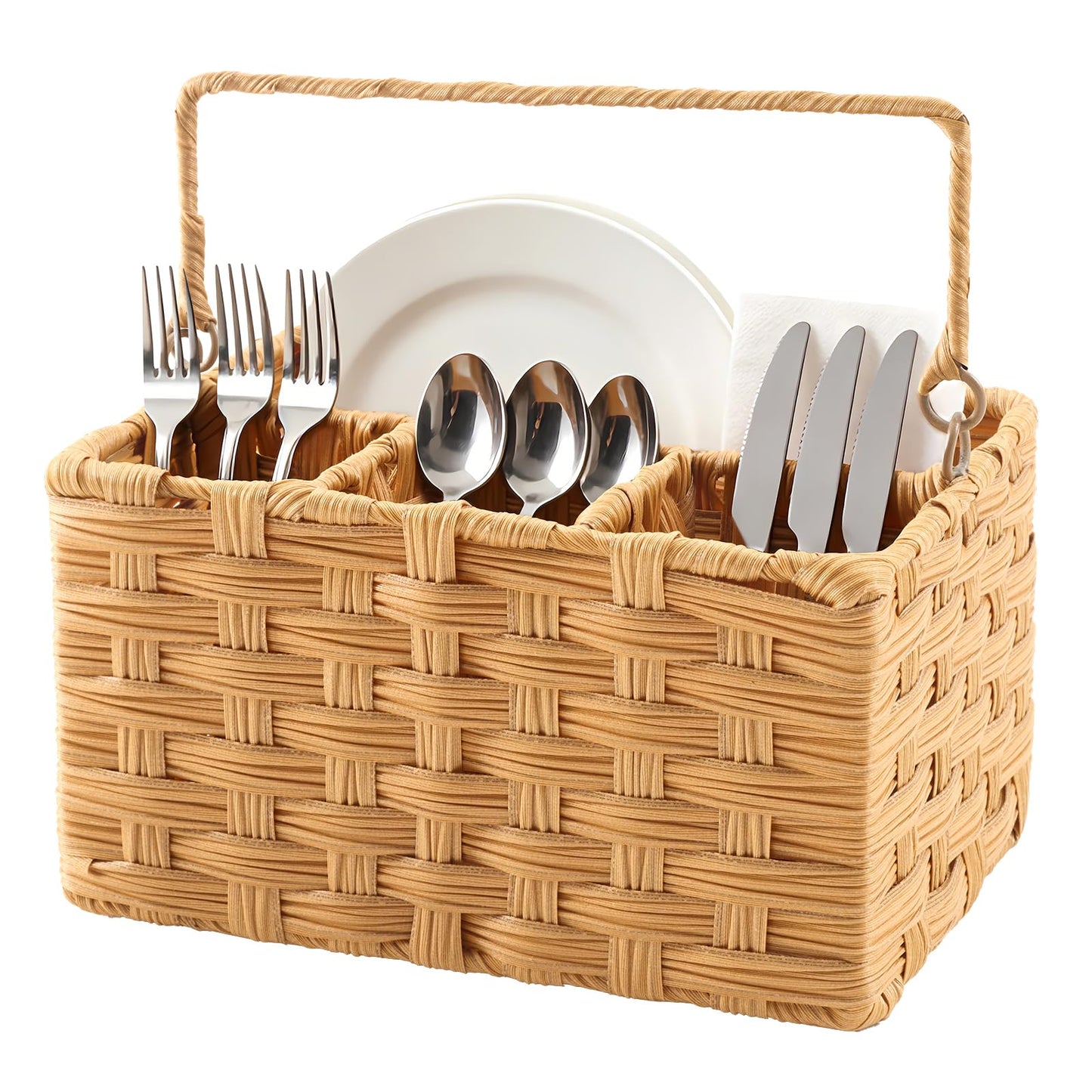 Laveduso Wicker Utensil Caddy – Tabletop Utensil & Silverware Organizer with Handle, Multi-Use Cutlery and Condiment Holder, Kitchen Countertop Basket, Ideal for Parties, Picnics & Buffets