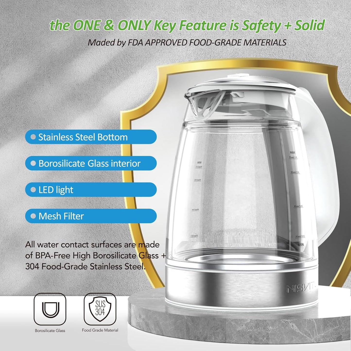1500W, 1.7L, NISVITU Glass & Stainless Steel Cordless Electric kettle for boiling water, Hot water boiler Electric Tea