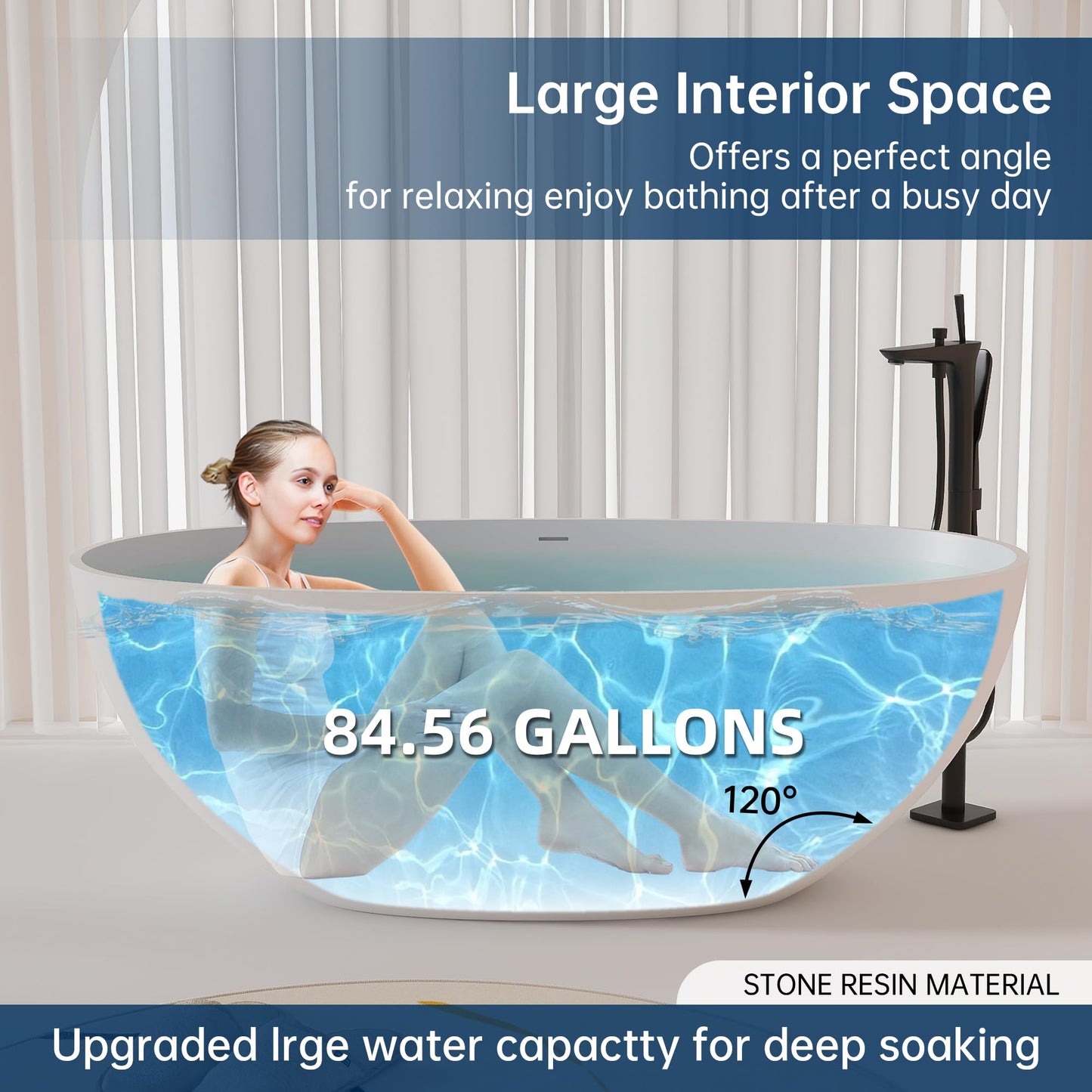 MEDUNJESS 61'' Resin Stone Soaking Bathtub Oval Solid Surface Freestanding Soaking Bathtubs Matte White Soaking Tub with Overflow and Pop up Drain - White