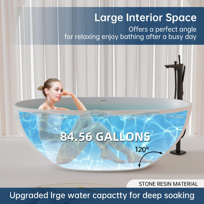 MEDUNJESS 61'' Resin Stone Soaking Bathtub Oval Solid Surface Freestanding Soaking Bathtubs Matte White Soaking Tub with Overflow and Pop up Drain - White