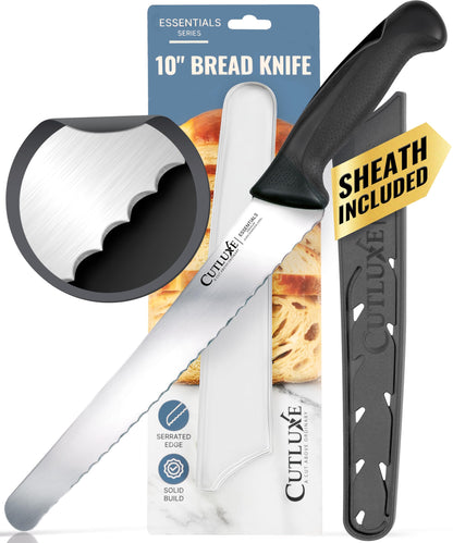 Cutluxe Bread Knife with Cover – 10" Razor-Sharp Serrated Stainless Steel Blade, Ergonomic Anti-Slip Handle – Perfect for Sourdough & Homemade Bread